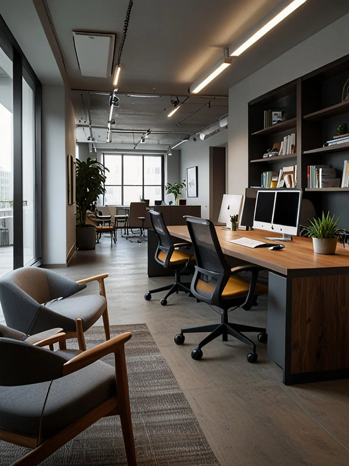 Escritório corporativo entregue, com estações de trabalho, estante e iluminação linear